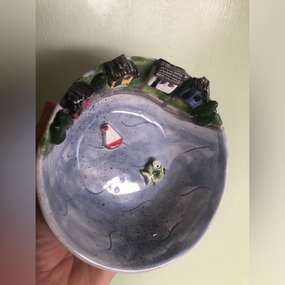 Vintage Small 3D Fish Fisherman Ceramic Bowl Nautical Sailor Ship Made In Canada